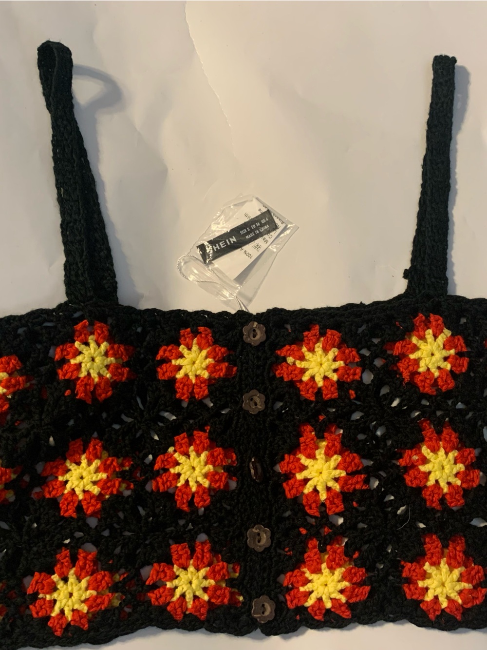 NWT SHEIN crochet crop top featuring red and yellow floral granny square
